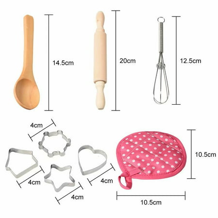 Adaskala Kitchen Role Play Set Chef Hat Kids Baking Set,11 PCS Childrens Chef Hat Apron Set Includes Apron Eggbeater and Baking Mold Toy Kitchen Playsets Pink